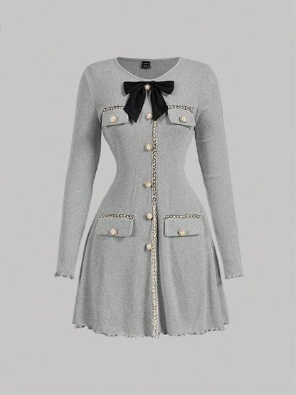 Womens Elegant Ribbon Patchwork Bow Decor Long Sleeve DressGoing OutBack To SchoolFall Women
