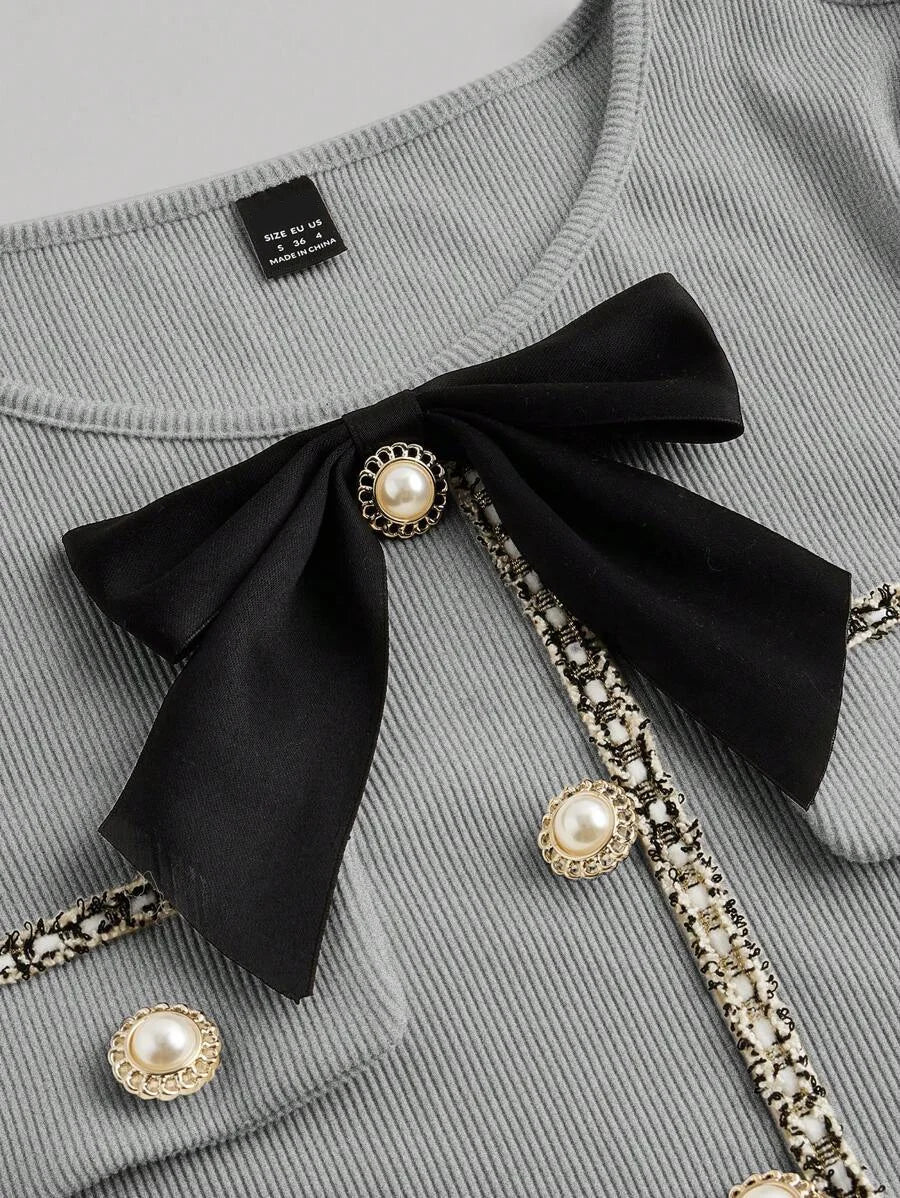Womens Elegant Ribbon Patchwork Bow Decor Long Sleeve DressGoing OutBack To SchoolFall Women