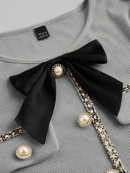 Womens Elegant Ribbon Patchwork Bow Decor Long Sleeve DressGoing OutBack To SchoolFall Women