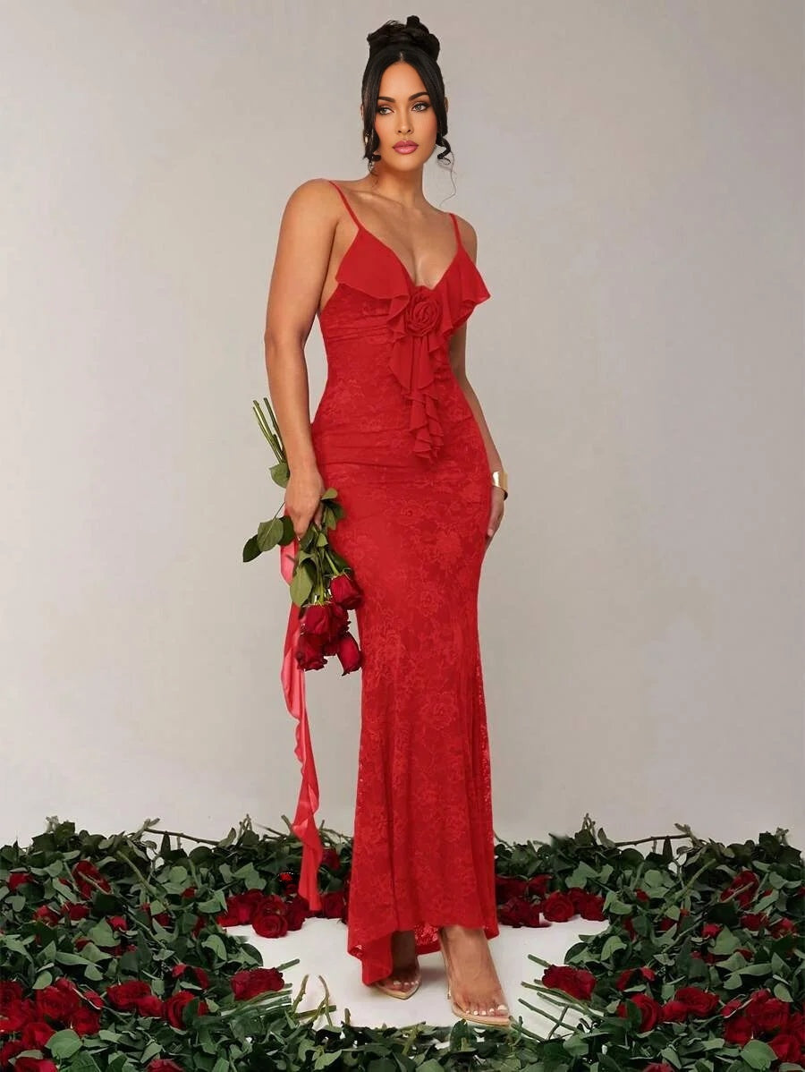 Womens Elegant Romantic 3D Floral Decor Spaghetti Strap Dress Vacation Wear Lace Patchwork And