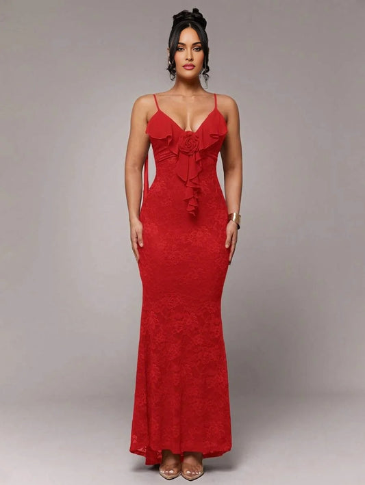 Womens Elegant Romantic 3D Floral Decor Spaghetti Strap Dress Vacation Wear Lace Patchwork And