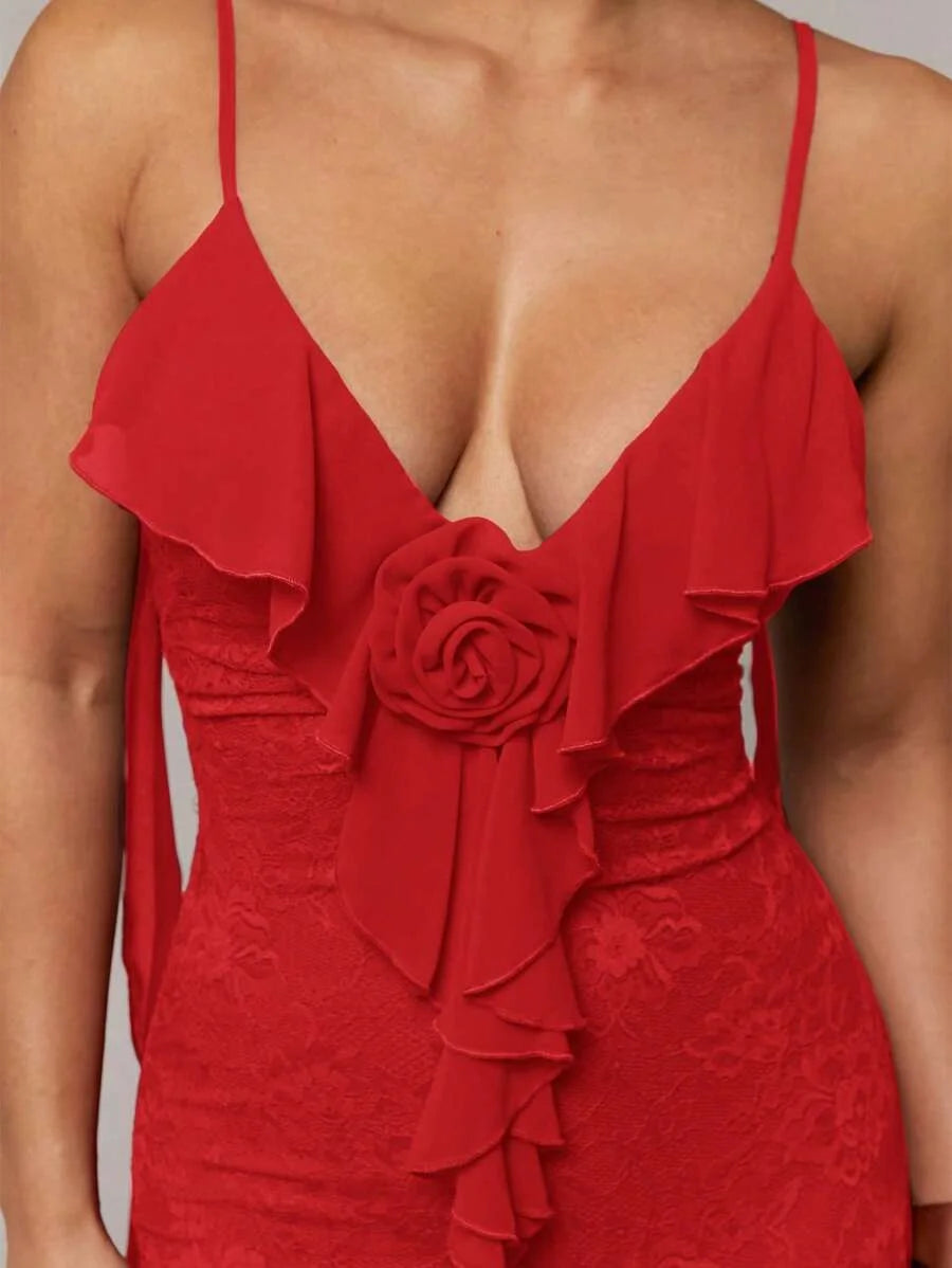 Womens Elegant Romantic 3D Floral Decor Spaghetti Strap Dress Vacation Wear Lace Patchwork And