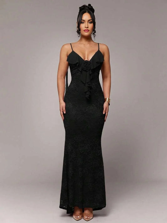 Womens Elegant Romantic 3D Floral Decor Valentines Holiday Spaghetti Strap Long Dress Flowy Sheer