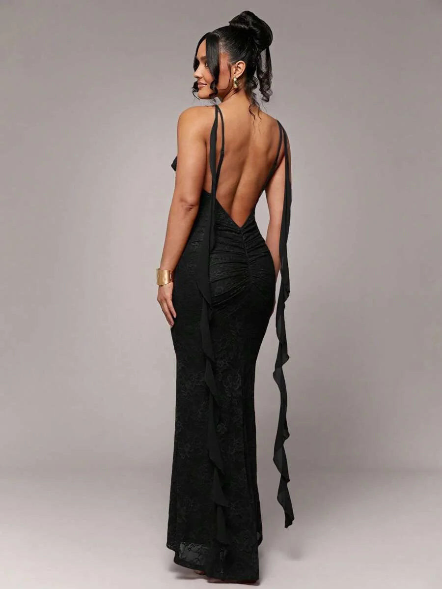 Womens Elegant Romantic 3D Floral Decor Valentines Holiday Spaghetti Strap Long Dress Flowy Sheer