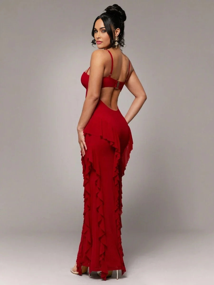 Womens Elegant Romantic Date Camisole Red Floral Ruffle Backless Slim Fit Suitable For Cocktail