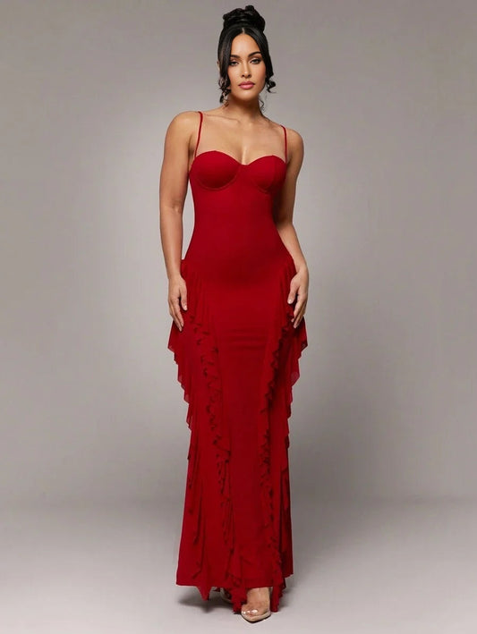 Womens Elegant Romantic Date Camisole Red Floral Ruffle Backless Slim Fit Suitable For Cocktail