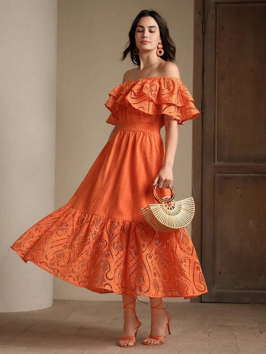 Womens Elegant Romantic HollowOut Embroidered Lace OffShoulder Dress SpringSummer Outfits For