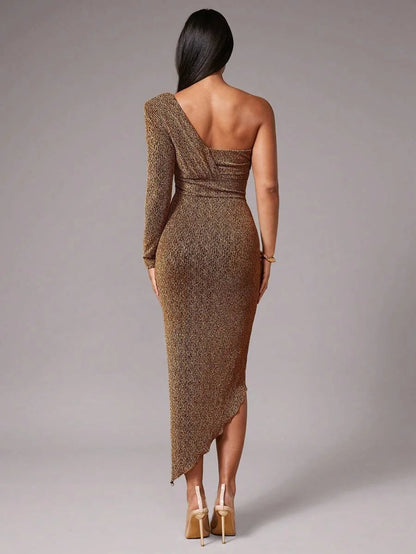 Womens Elegant Shiny Long Sleeve Solid Color ALine Midi Dress Suitable For Cocktail Party Date
