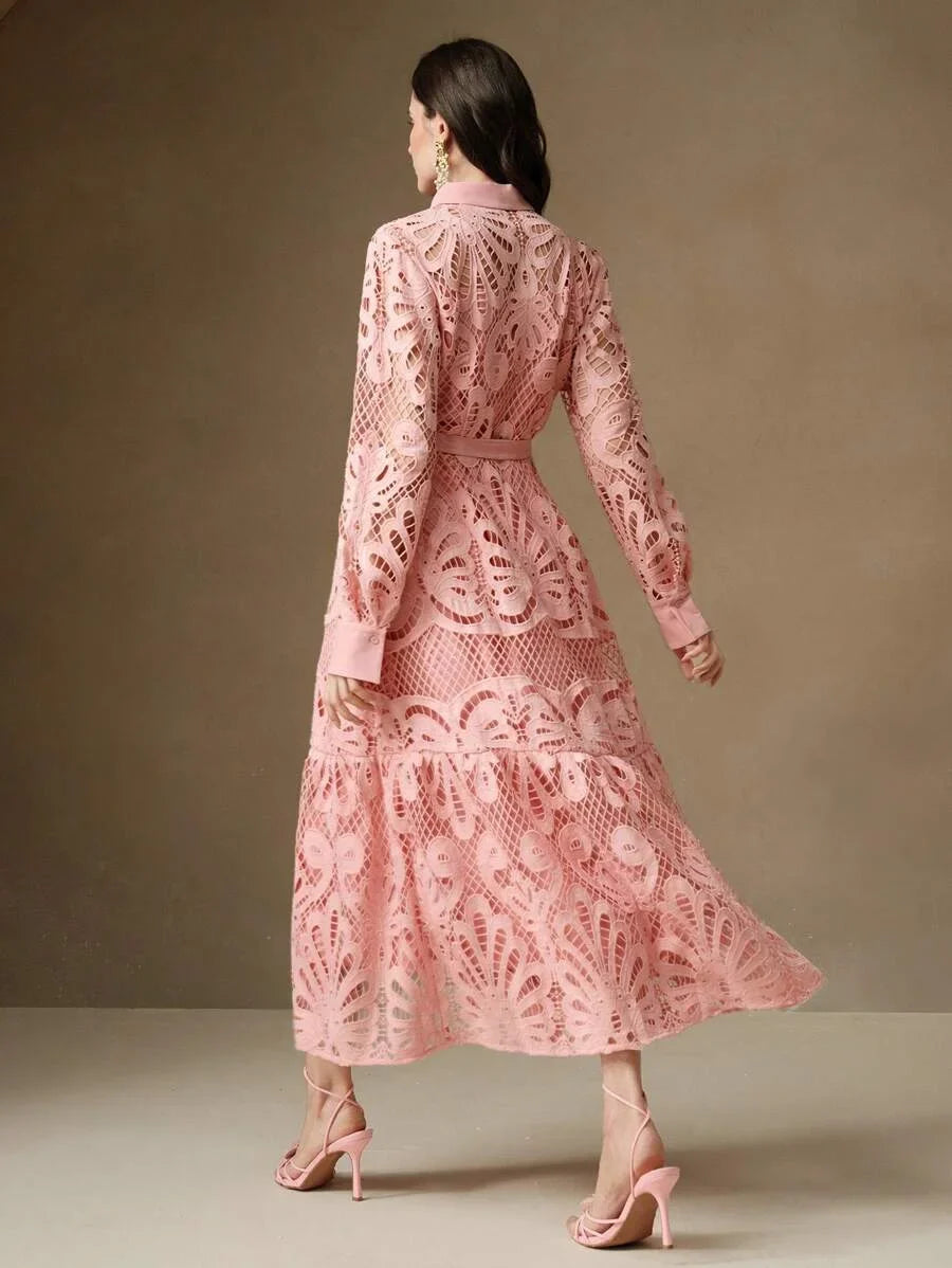 Womens Elegant Solid Color Lace Embroidered ButtonUp Empire Waist Dress