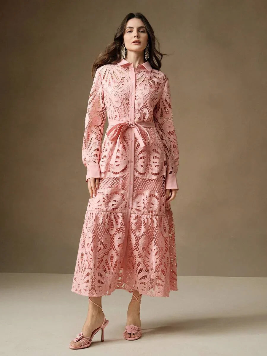 Womens Elegant Solid Color Lace Embroidered ButtonUp Empire Waist Dress