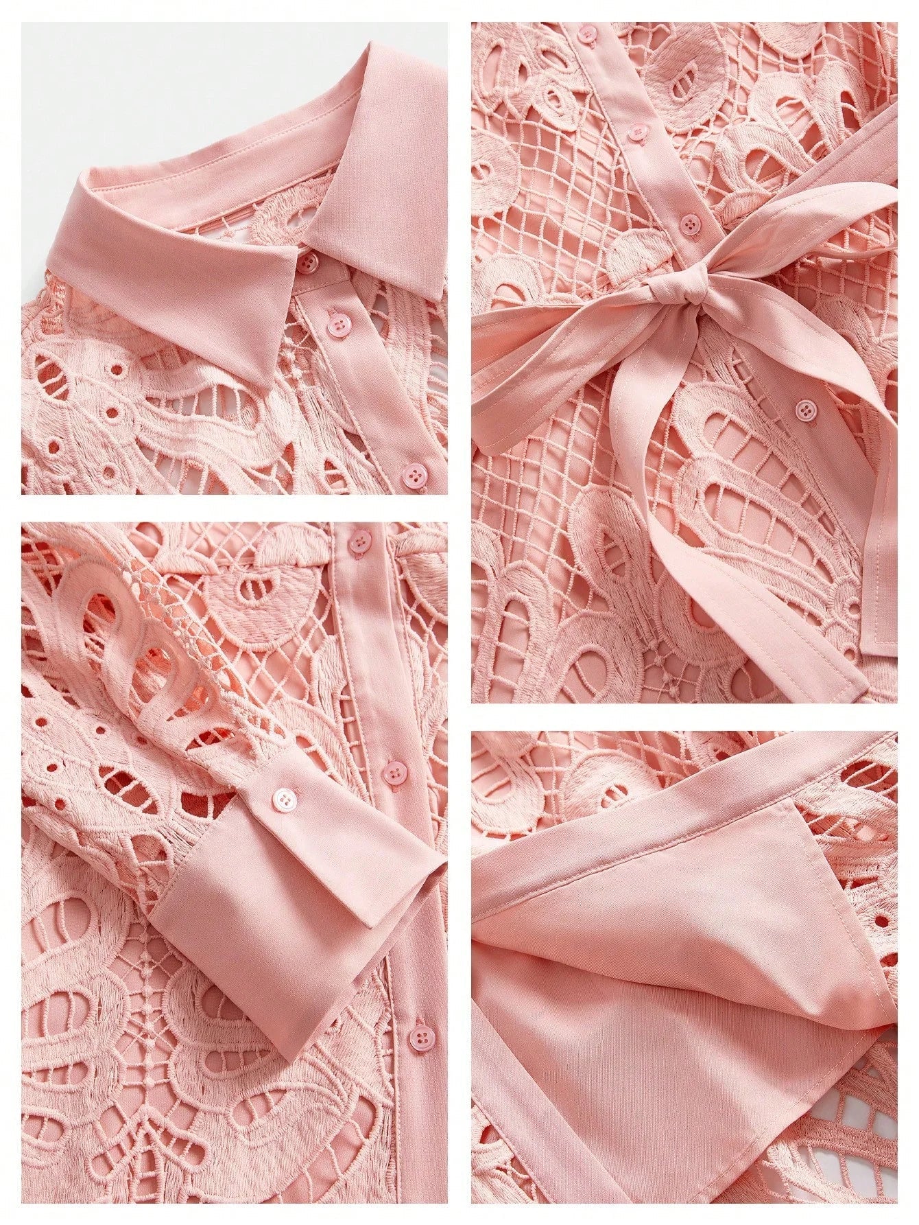 Womens Elegant Solid Color Lace Embroidered ButtonUp Empire Waist Dress