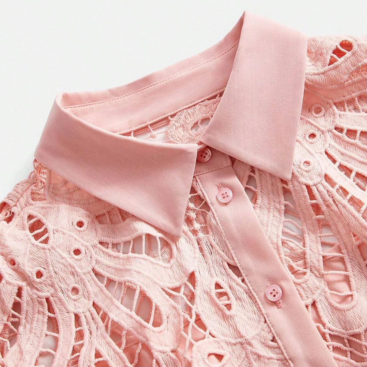 Womens Elegant Solid Color Lace Embroidered ButtonUp Empire Waist Dress