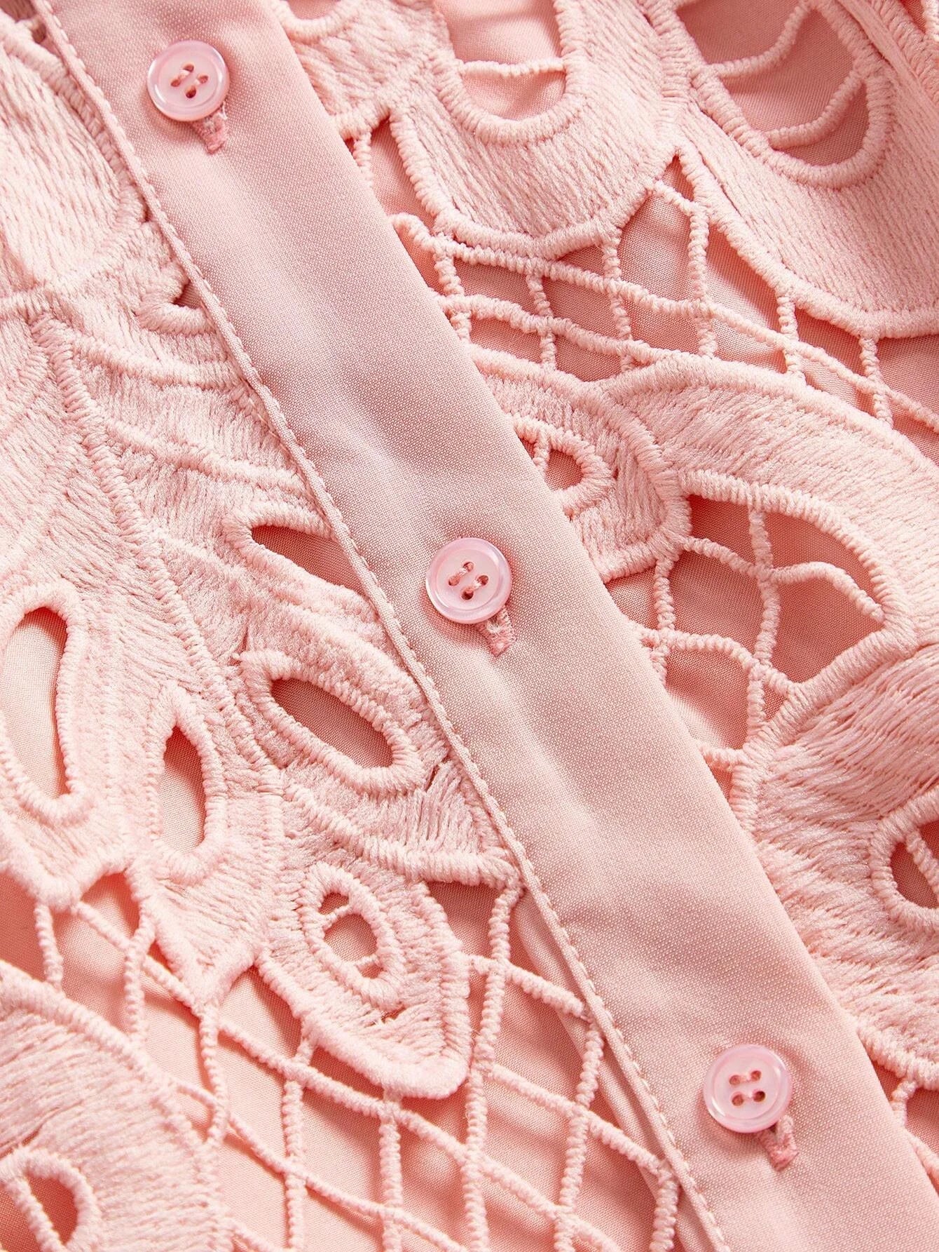 Womens Elegant Solid Color Lace Embroidered ButtonUp Empire Waist Dress