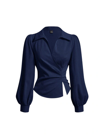 Navy blue wrap blouse with puff sleeves and waist tie