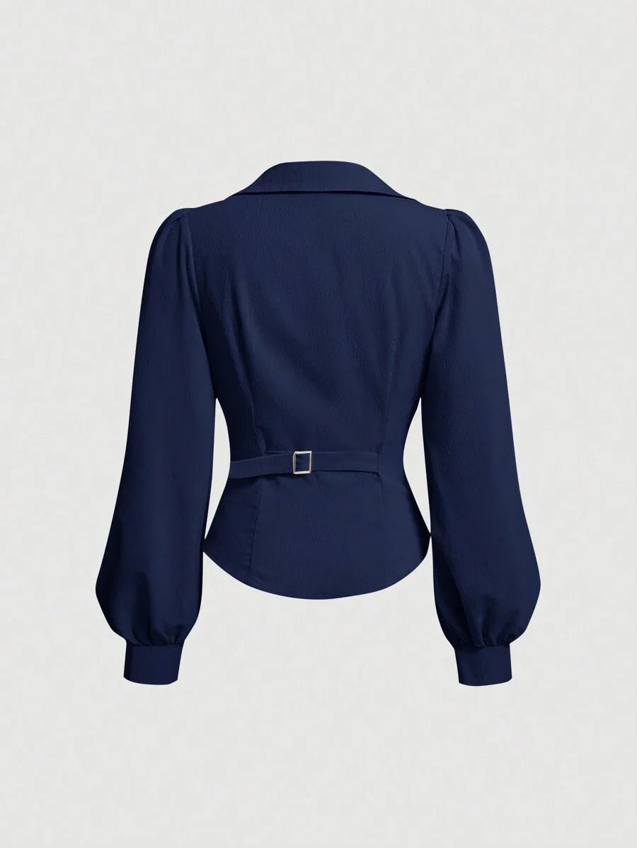 Womens Elegant Solid Color Lantern Sleeve Pleated Slit Hem Blouse AutumnLong Sleeve Tops