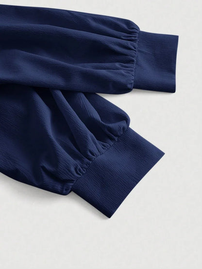 Womens Elegant Solid Color Lantern Sleeve Pleated Slit Hem Blouse AutumnLong Sleeve Tops