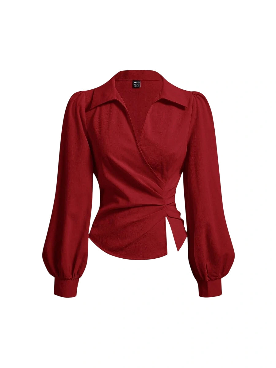 Womens Elegant Solid Color Lantern Sleeve Wrap Slit Shirt Autumn