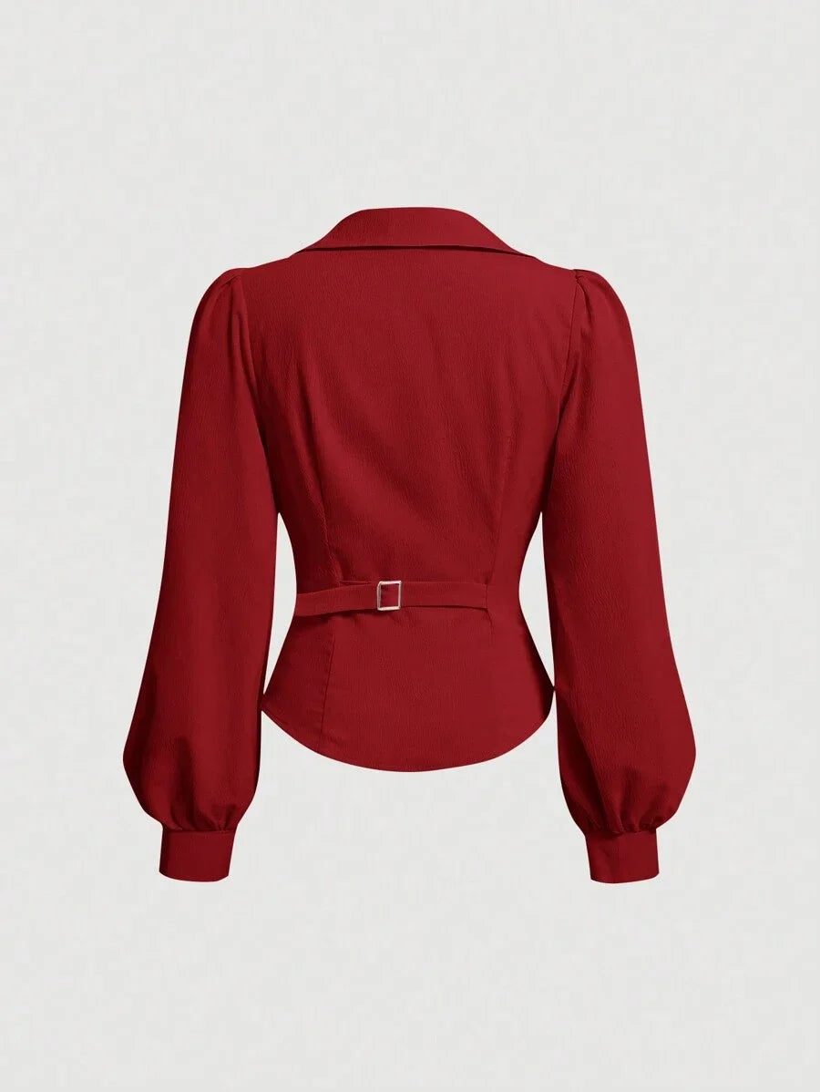 Womens Elegant Solid Color Lantern Sleeve Wrap Slit Shirt Autumn