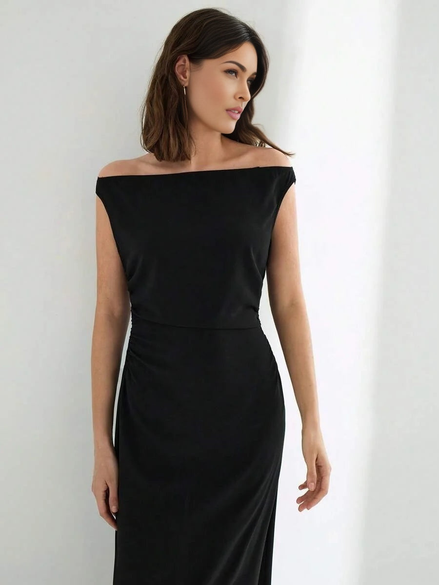 Womens Elegant Solid Off Shoulder Dress Summer