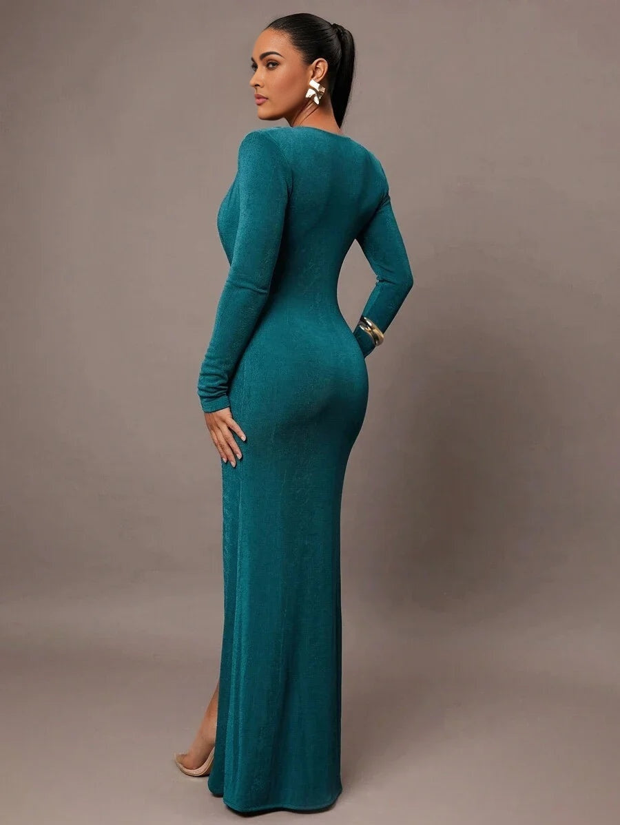 Womens Elegant Stretchy VNeck Knit Dress With Padded Shoulders Pleated Design Overlap Asymmetrical