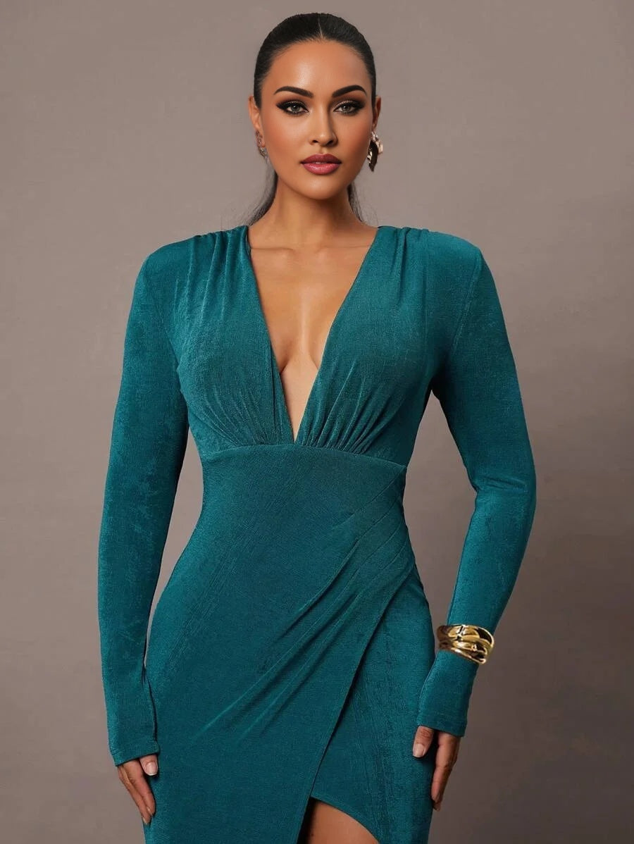 Womens Elegant Stretchy VNeck Knit Dress With Padded Shoulders Pleated Design Overlap Asymmetrical
