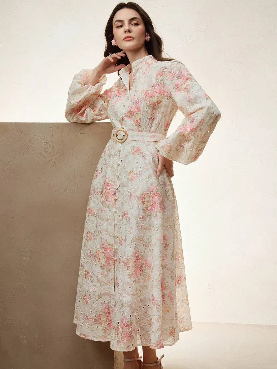 Womens Elegant Vacation Ant Lantern Sleeve Maxi Dress