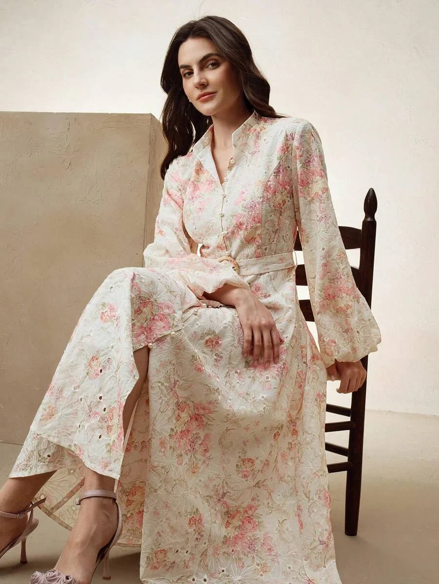 Womens Elegant Vacation Ant Lantern Sleeve Maxi Dress