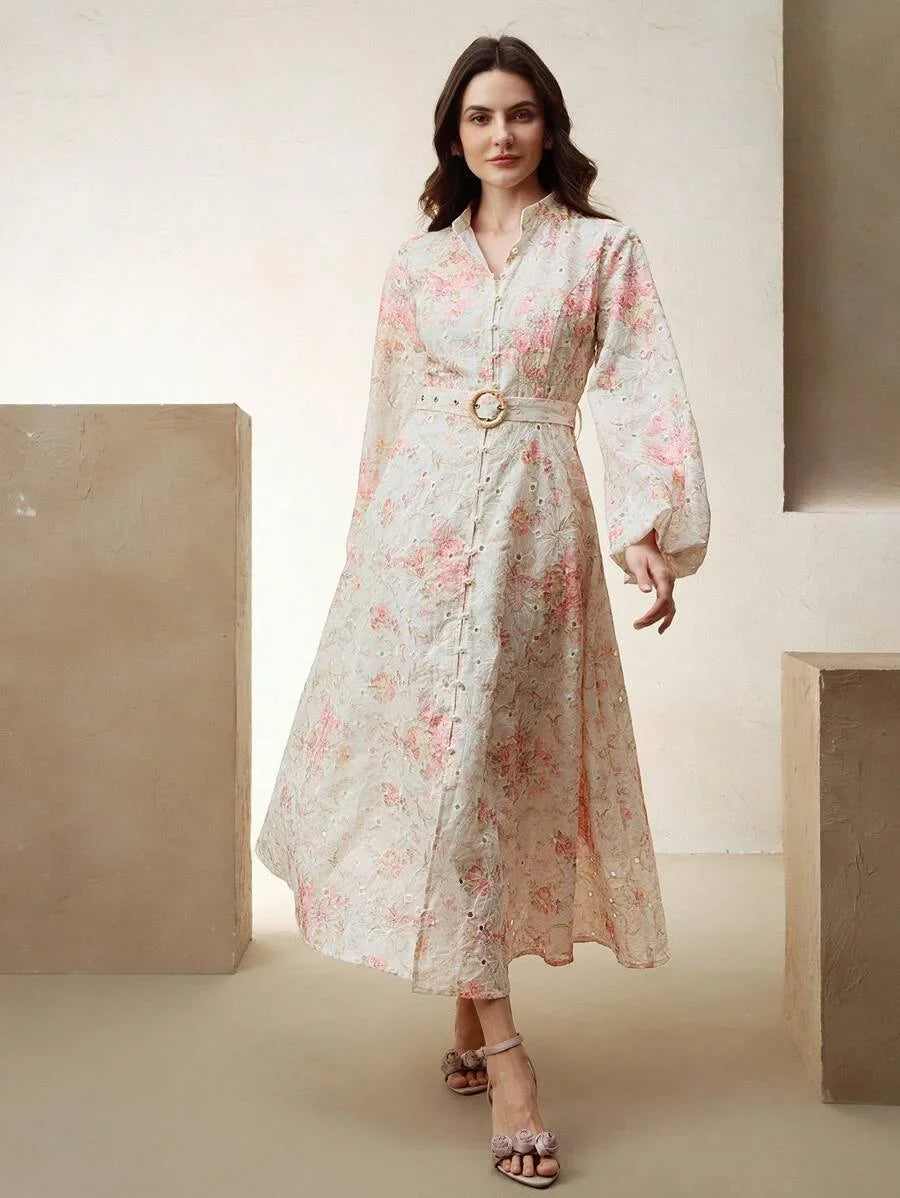 Womens Elegant Vacation Ant Lantern Sleeve Maxi Dress