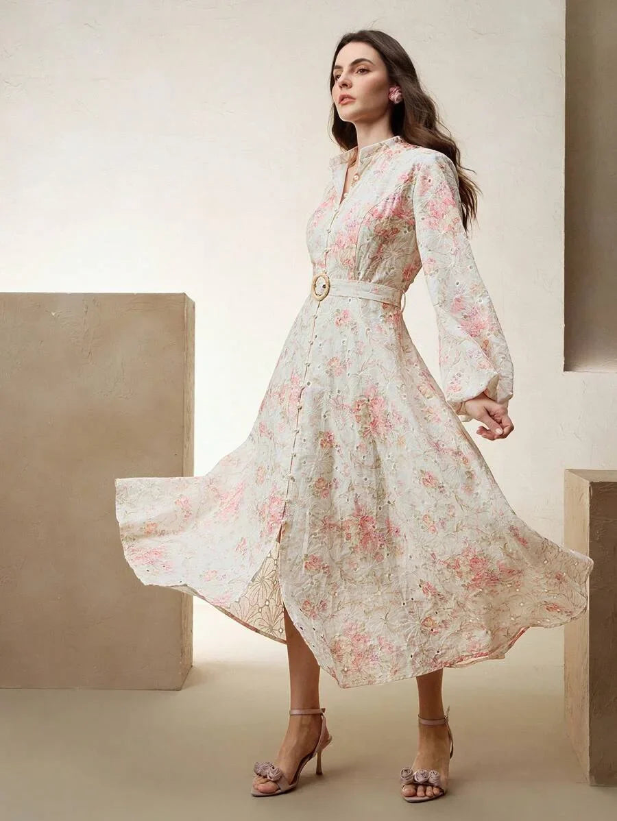 Womens Elegant Vacation Ant Lantern Sleeve Maxi Dress