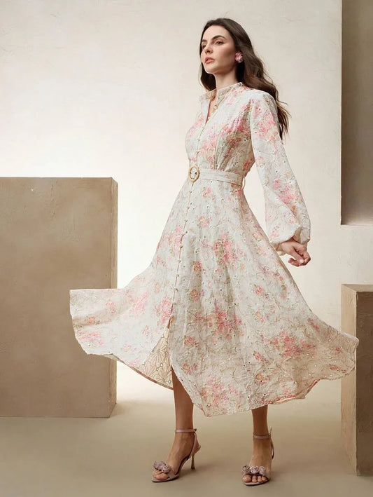 Womens Elegant Vacation Ant Lantern Sleeve Maxi Dress