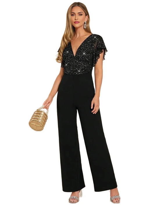 Womens Elegant VNeck Mesh Silver Foil Ruffle Sleeve Black Jumpsuit Fitted Wide Leg Pants Suitable