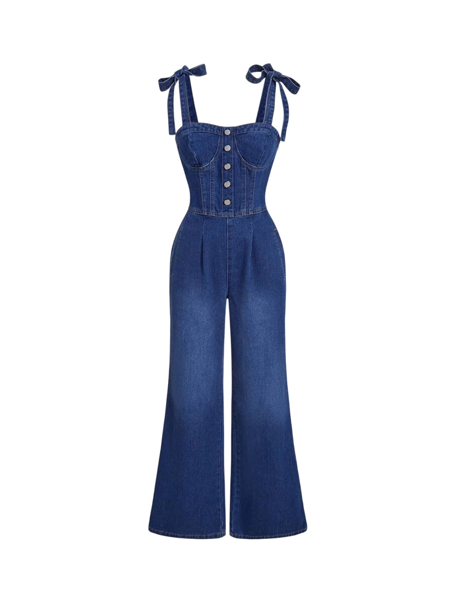 Womens Fashion Casual Washed Front Button Flare Jumpsuit Summer