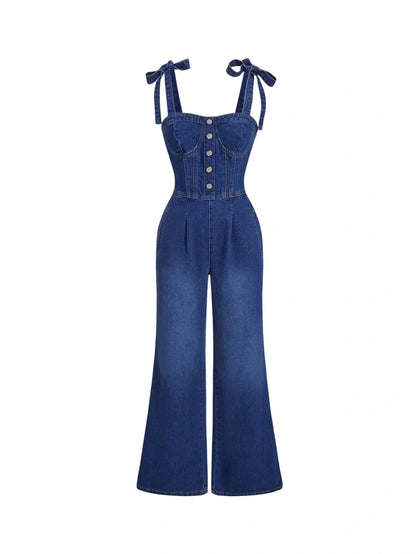Womens Fashion Casual Washed Front Button Flare Jumpsuit Summer