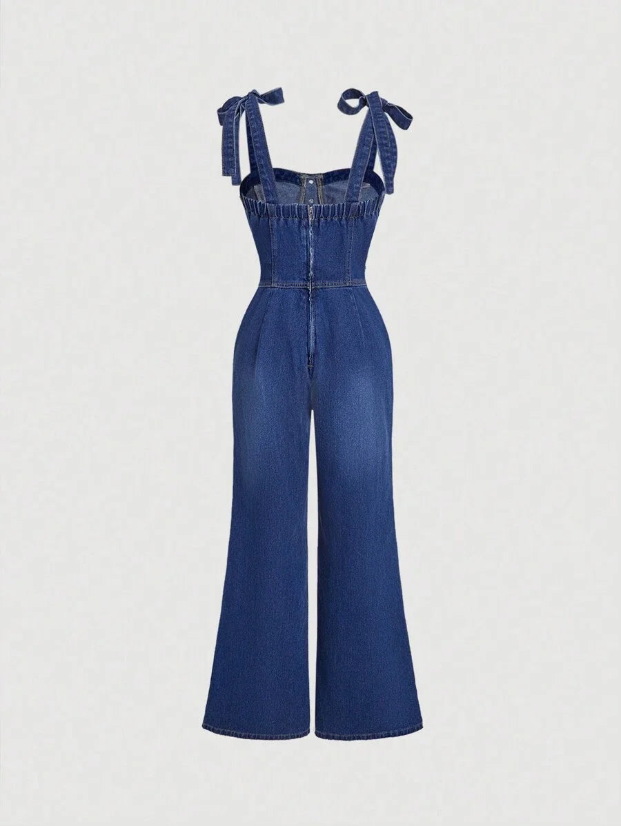 Womens Fashion Casual Washed Front Button Flare Jumpsuit Summer
