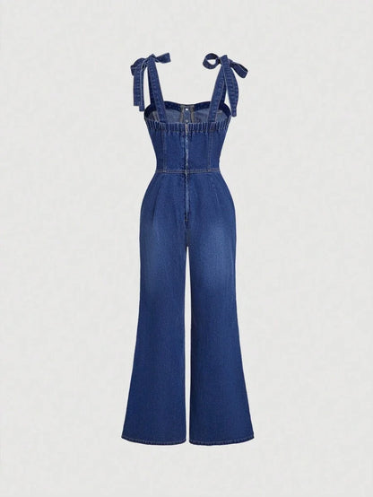 Womens Fashion Casual Washed Front Button Flare Jumpsuit Summer