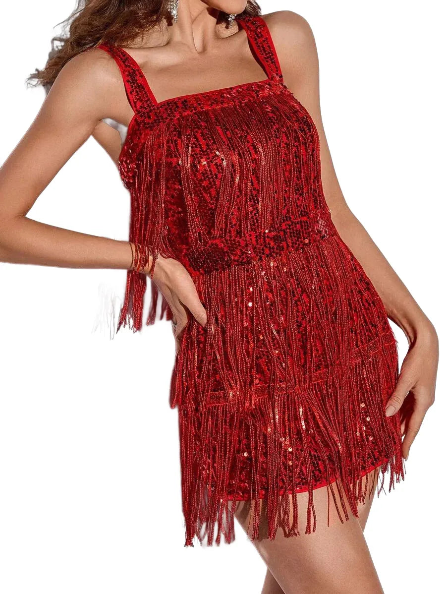 Womens Fashion Slim Red Sequin Tassels Thick Shoulder Strap Halter Off Shoulder Backless Glitter