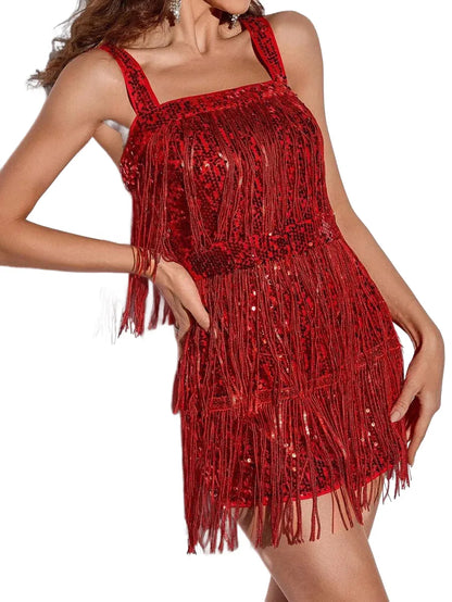 Womens Fashion Slim Red Sequin Tassels Thick Shoulder Strap Halter Off Shoulder Backless Glitter
