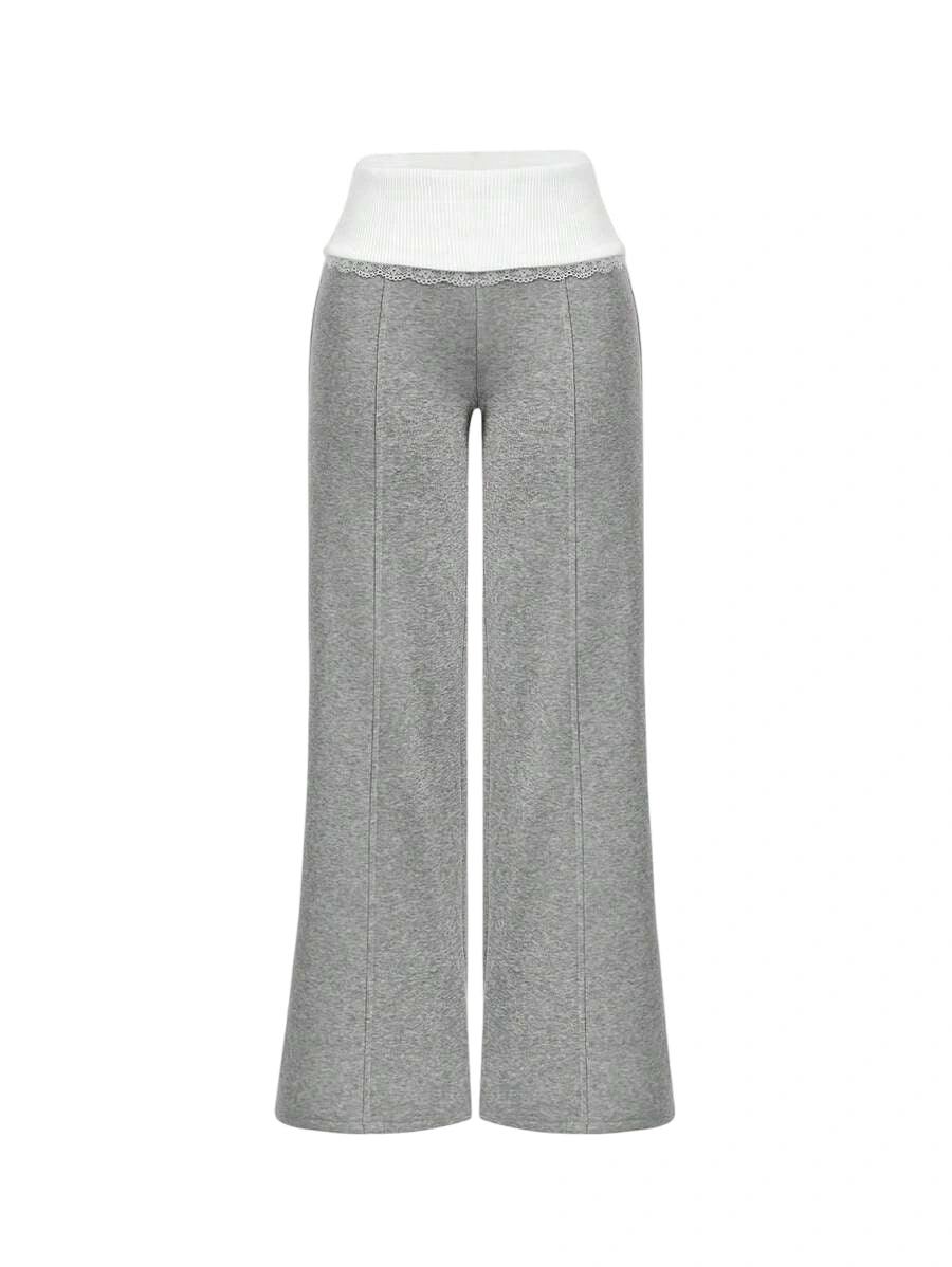 Womens Fashion Straight Leg Casual Colorblock Patchwork Pants Low Waist Grey SweatpantsLace