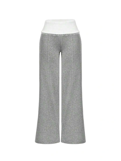 Womens Fashion Straight Leg Casual Colorblock Patchwork Pants Low Waist Grey SweatpantsLace