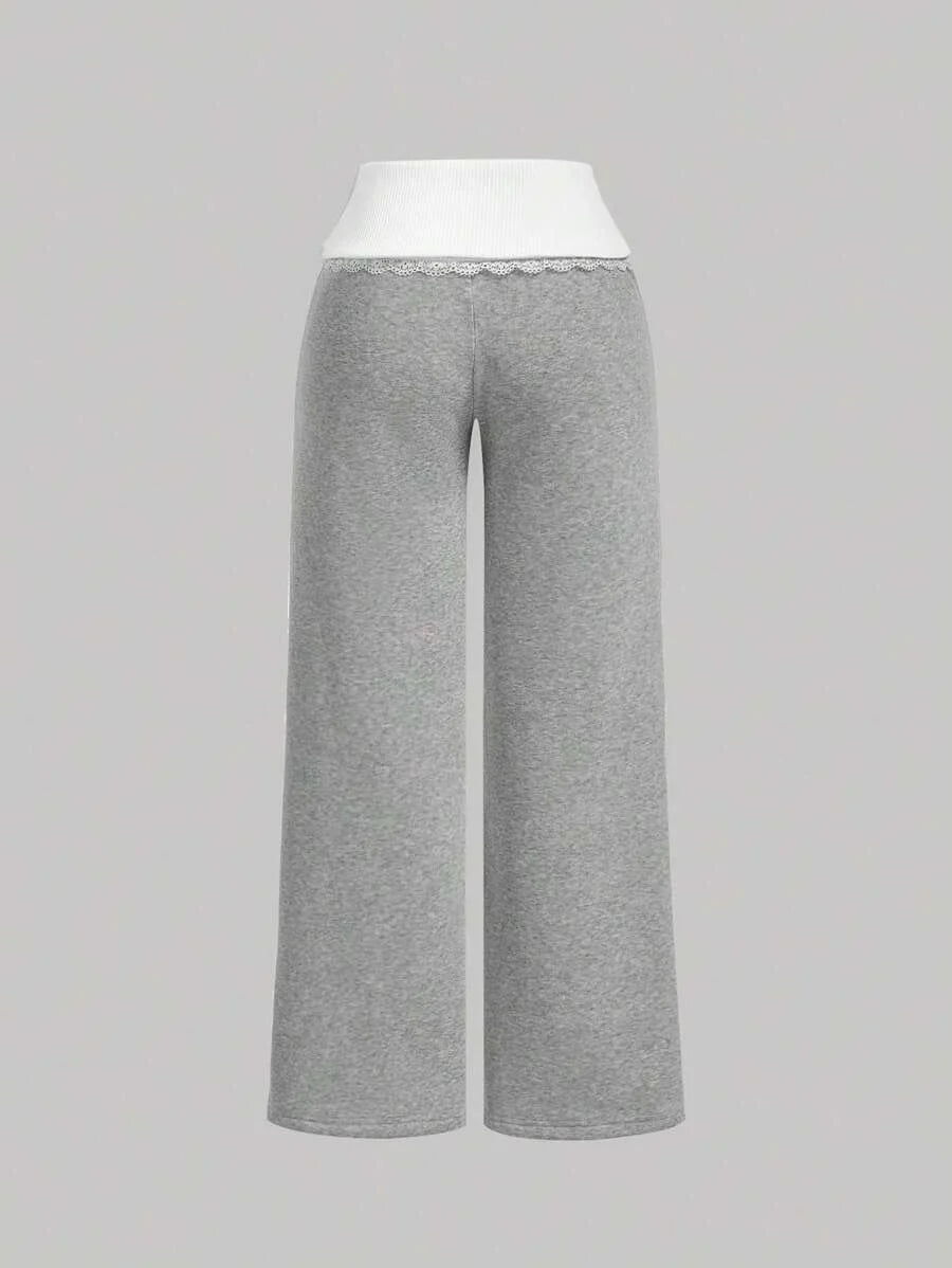 Womens Fashion Straight Leg Casual Colorblock Patchwork Pants Low Waist Grey SweatpantsLace