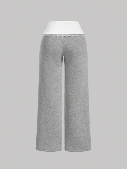 Womens Fashion Straight Leg Casual Colorblock Patchwork Pants Low Waist Grey SweatpantsLace