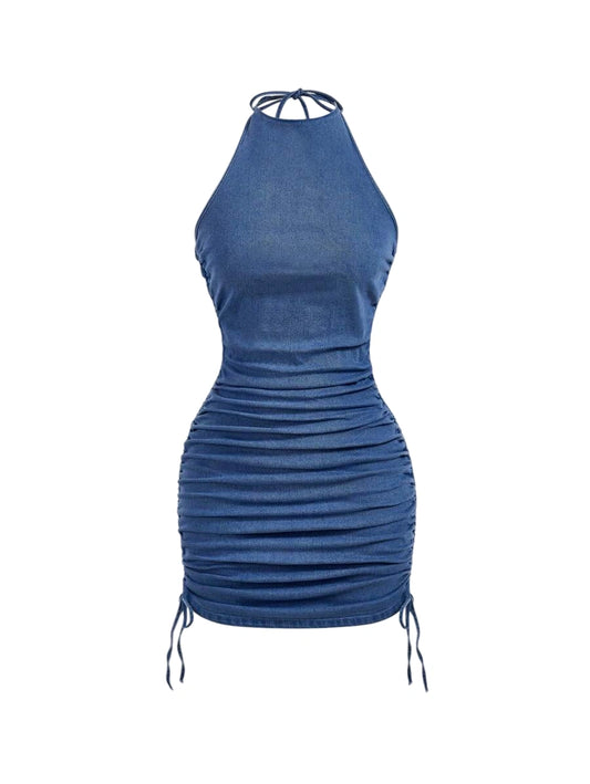 Womens Fashionable Drawstring Denim Dress With Backless And Pleated Design