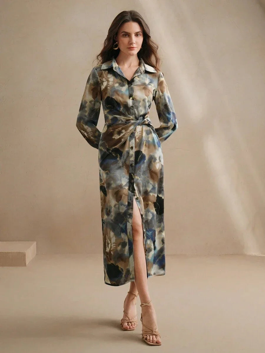 Womens Fashionable Elegant Tie Dye Foil Print Twist Waist Chiffon Dress Floral Dress Spring Outfits