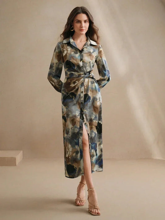 Womens Fashionable Elegant Tie Dye Foil Print Twist Waist Chiffon Dress Floral Dress Spring Outfits