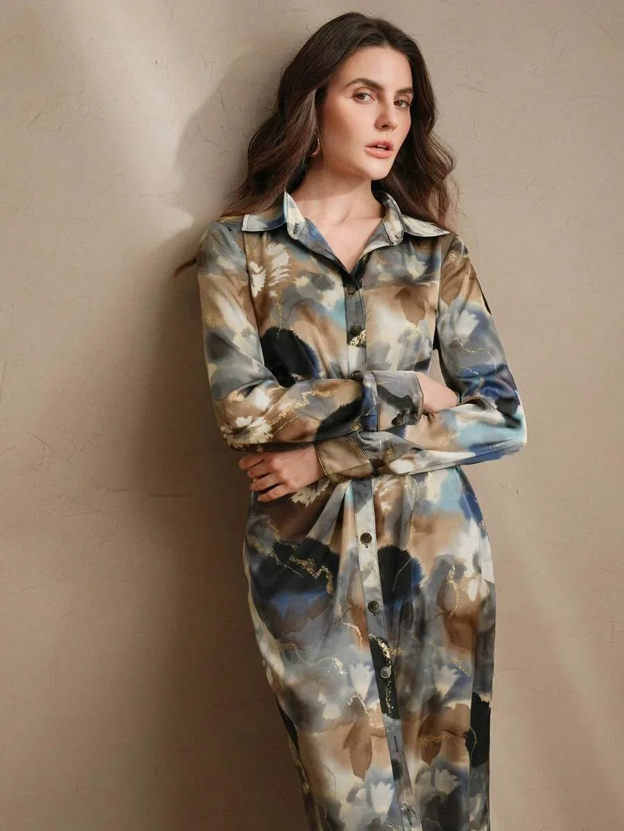 Womens Fashionable Elegant Tie Dye Foil Print Twist Waist Chiffon Dress Floral Dress Spring Outfits