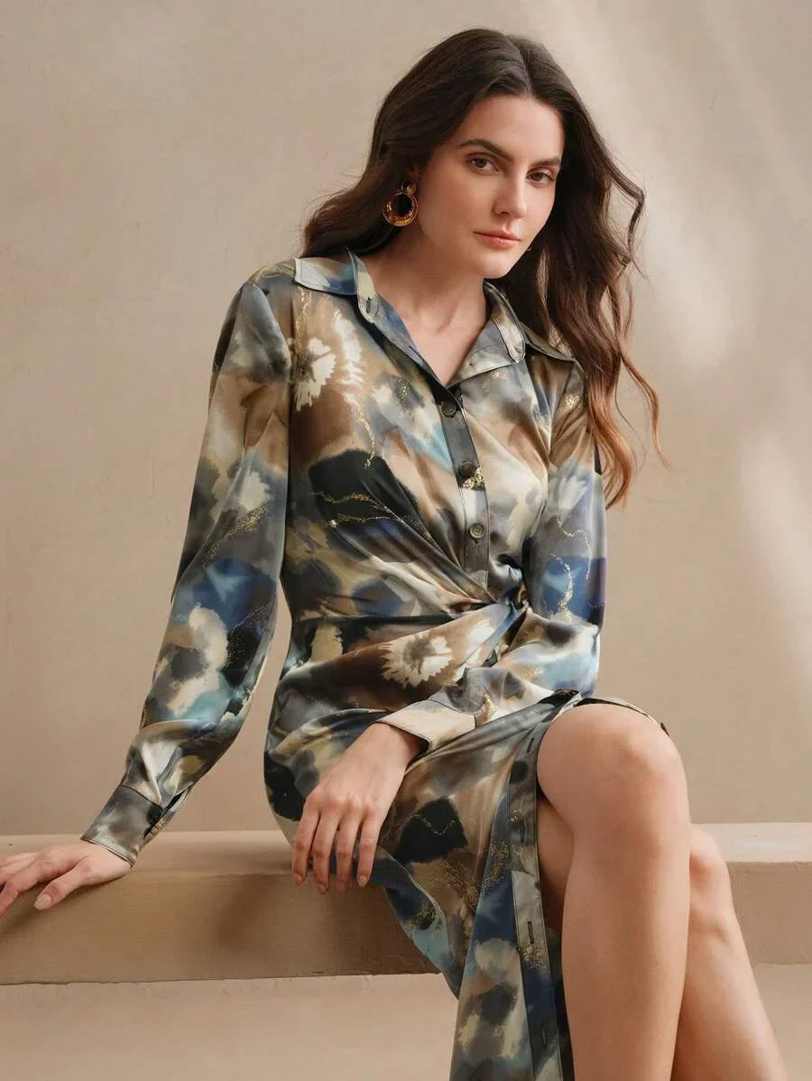 Womens Fashionable Elegant Tie Dye Foil Print Twist Waist Chiffon Dress Floral Dress Spring Outfits