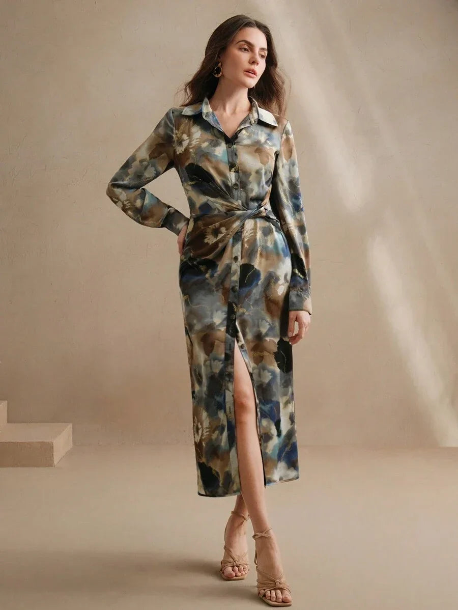 Womens Fashionable Elegant Tie Dye Foil Print Twist Waist Chiffon Dress Floral Dress Spring Outfits