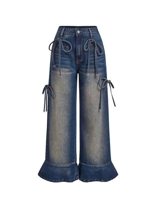 Womens Fashionable Versatile Butterfly Decor Washed Jeans