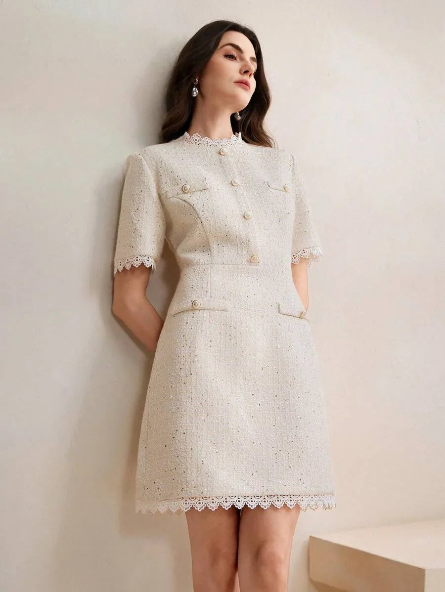 Womens Fitted Lace Trim Sparkling Button Mini Dress Navy Blue