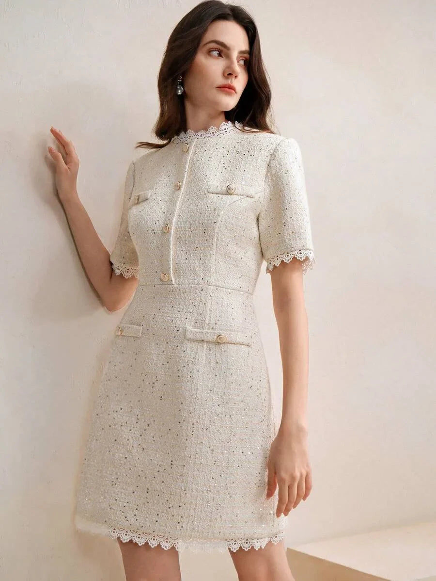 Womens Fitted Lace Trim Sparkling Button Mini Dress Navy Blue